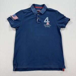 US Polo Assn Polo Shirt Slim Fit USA Flag #4 Men's Large Navy Blue Short Sleeve